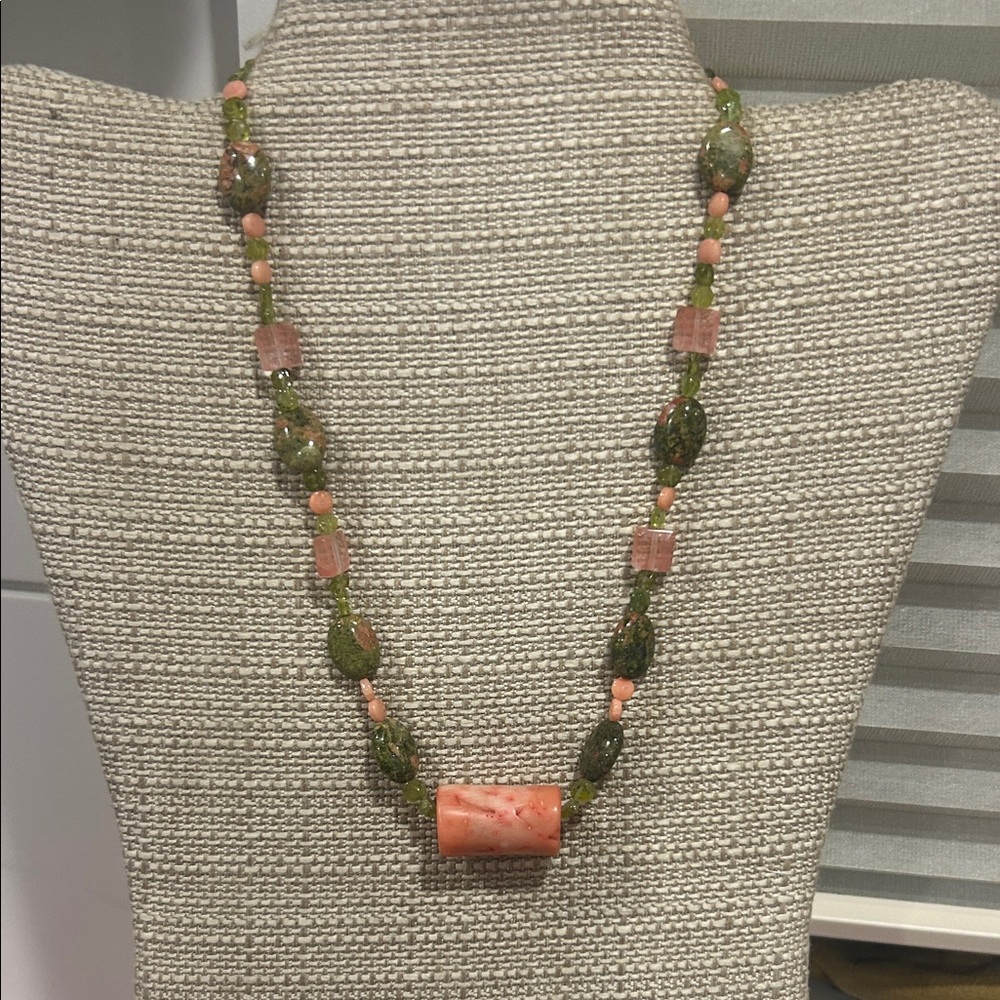 Sponge coral, Unakite, Peridot, Angel Skin Coral & strawberry qrtz necklace